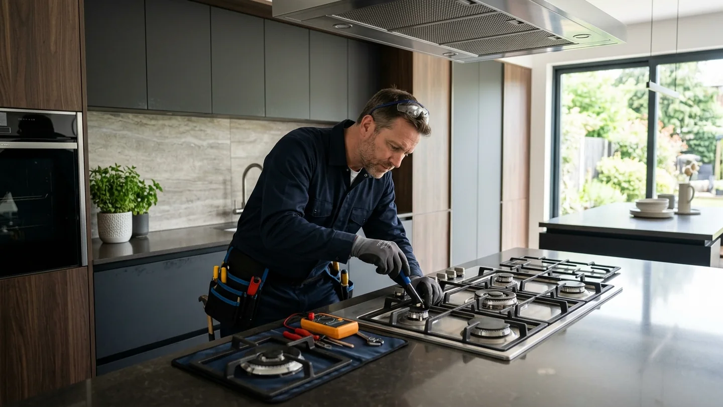 Appliance repair technician reviewing a gas cooking appliance