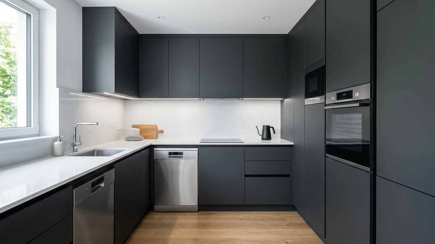 Compact graphite European-style kitchen with stainless dishwasher and electric oven