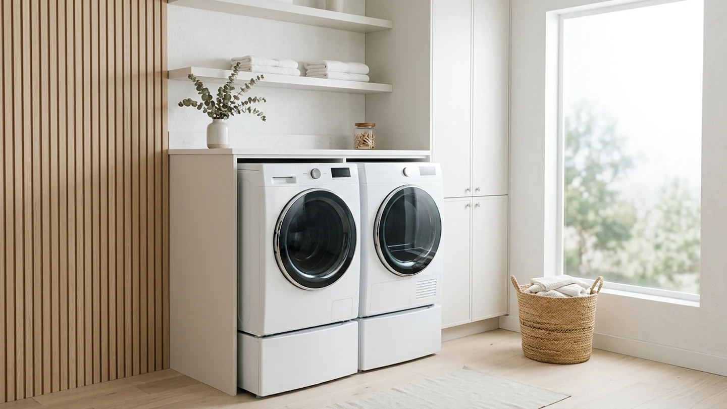 Bright Scandinavian-inspired laundry room with white front-load machines