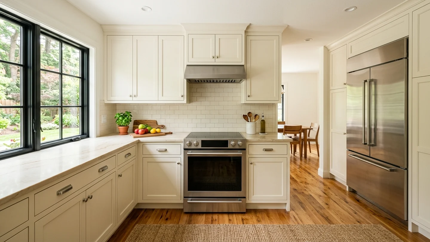 Classic modern kitchen centered on a stainless smooth-top electric range