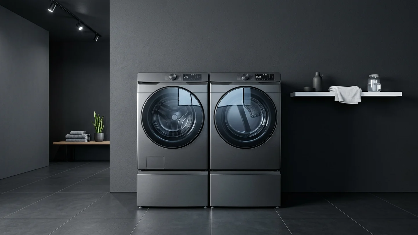 Sleek graphite front-load laundry pair in a modern dark laundry room
