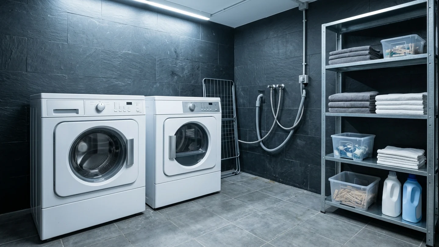 Heavy-duty white laundry appliances in a practical utility room