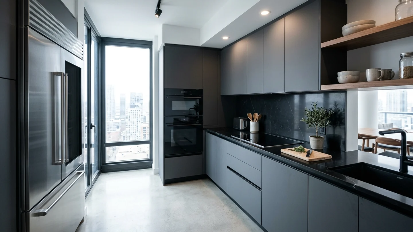 Modern charcoal apartment kitchen with stainless electric appliances