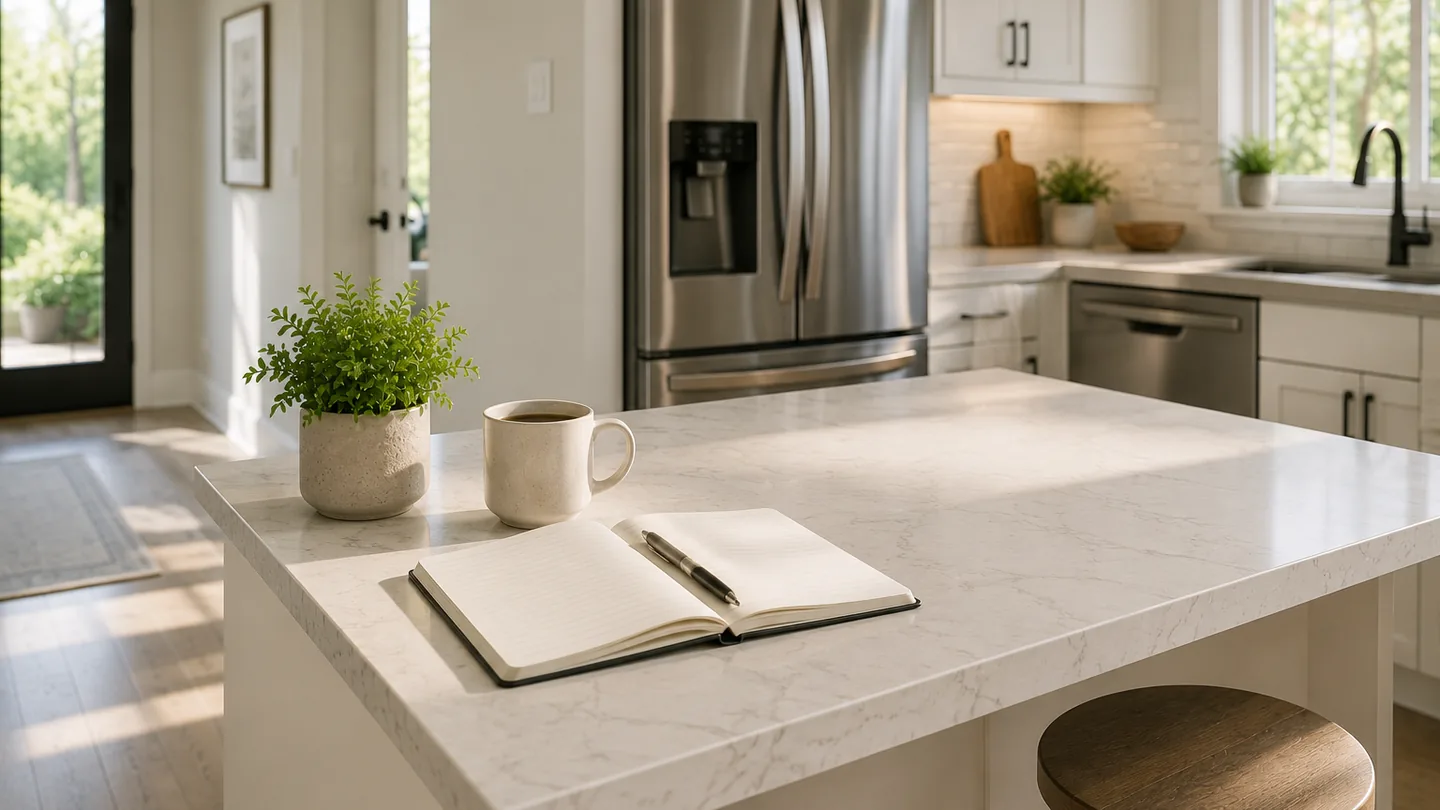 Notebook and mug on a bright kitchen island