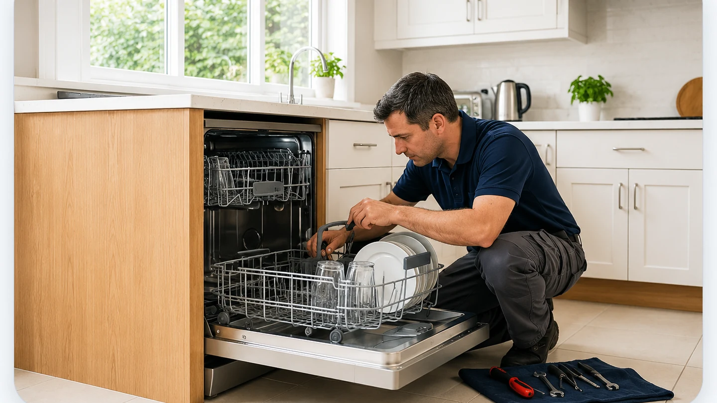 Dishwasher repair technician inspecting an open dishwasher in a bright residential kitchen
