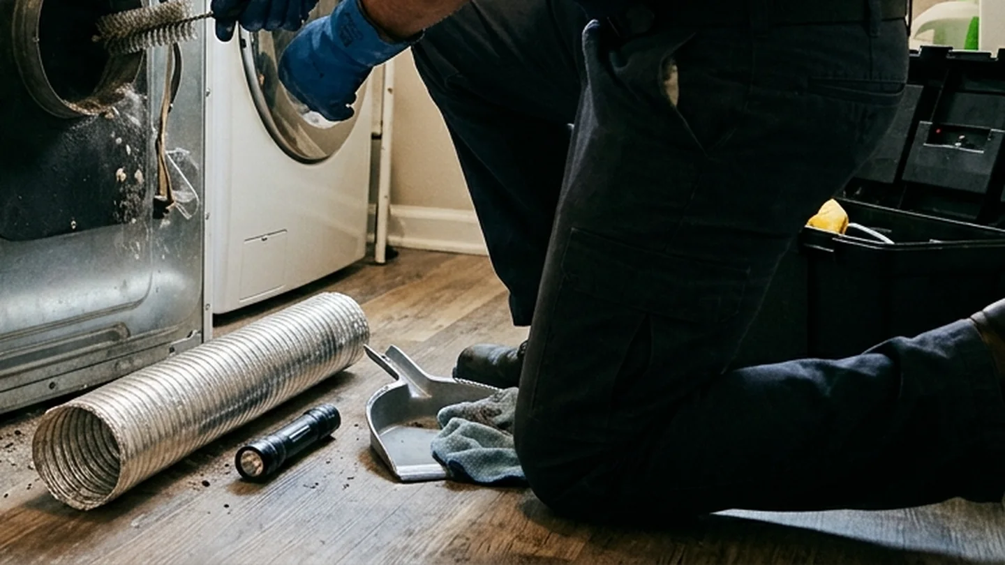 Electric dryer being inspected in a residential laundry room