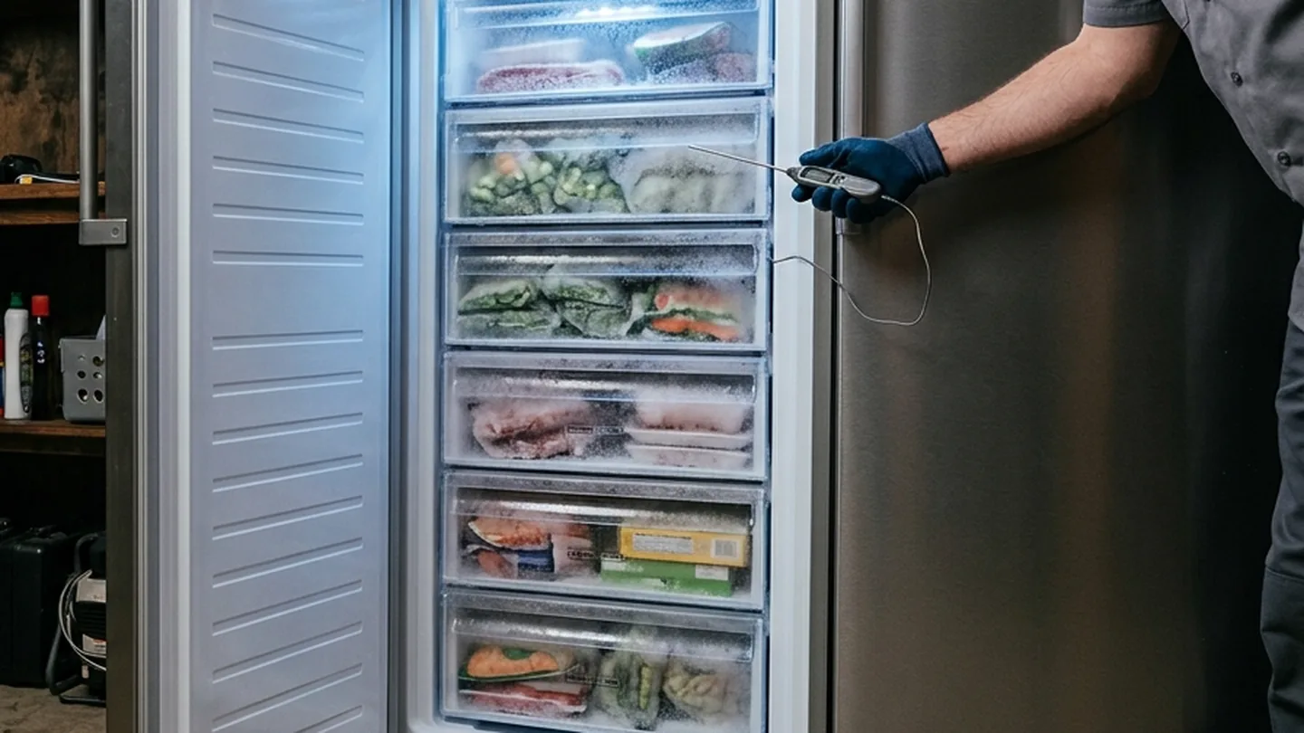 Open upright freezer being checked with a temperature probe