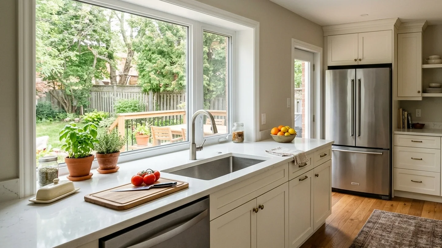Ajax family kitchen with a garden window overlooking backyard trees