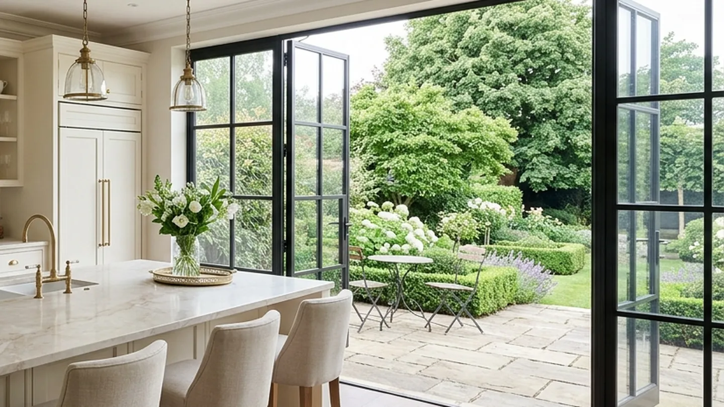 Elegant Aurora kitchen opening to a mature private garden