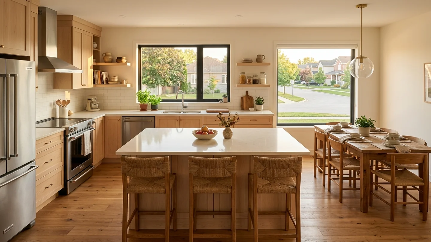 Bowmanville family kitchen with dining nook and low-rise neighbourhood outside
