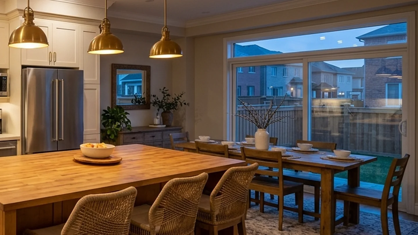 Brampton family kitchen with a detached-home neighbourhood visible at dusk
