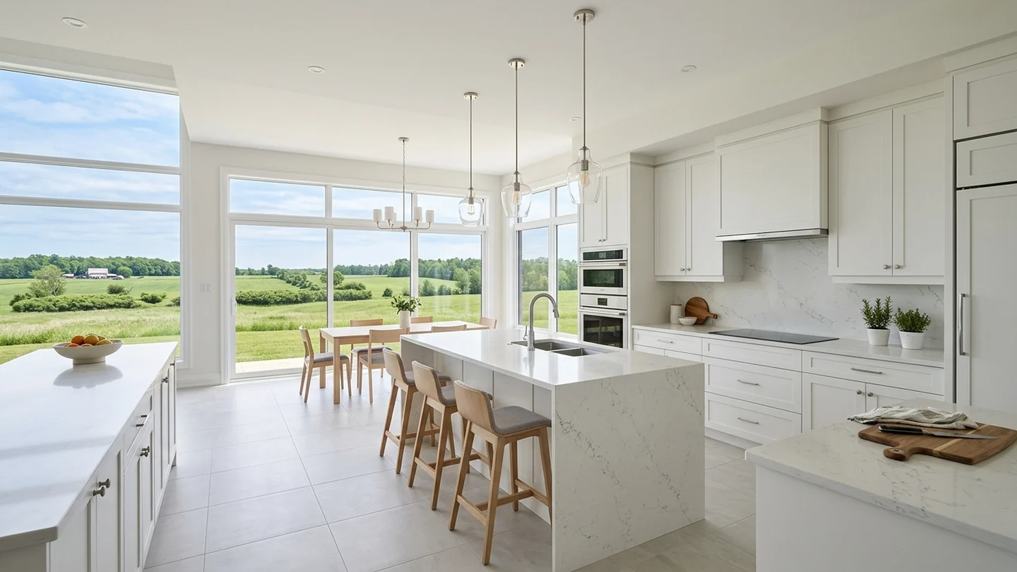 Modern Clarington kitchen with broad windows overlooking open green land