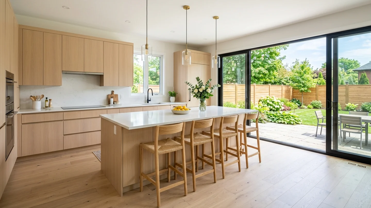 Bright East Gwillimbury new-build kitchen opening to a landscaped backyard