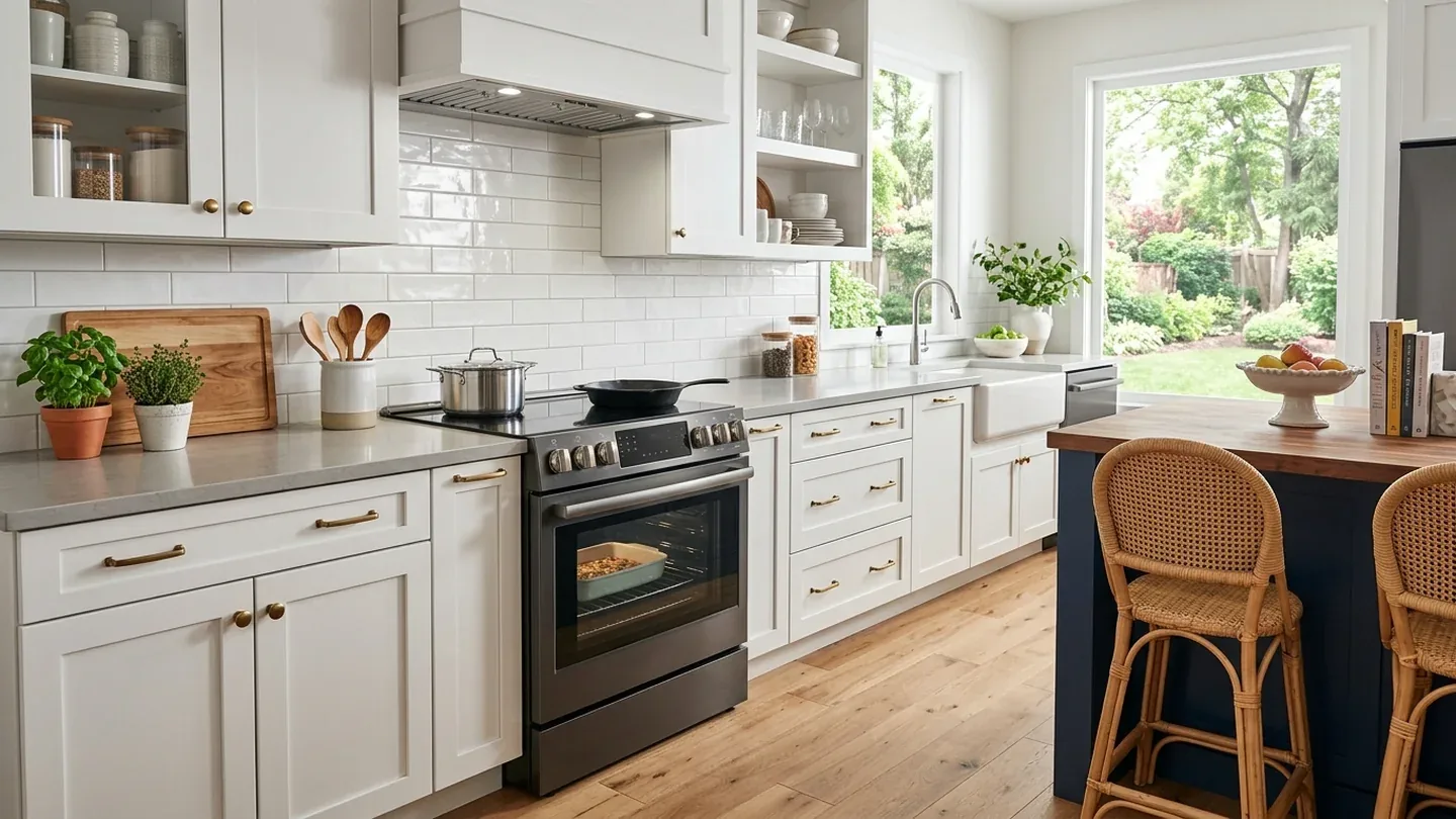 Bright East York-style kitchen with a smooth-top electric range and garden-facing window