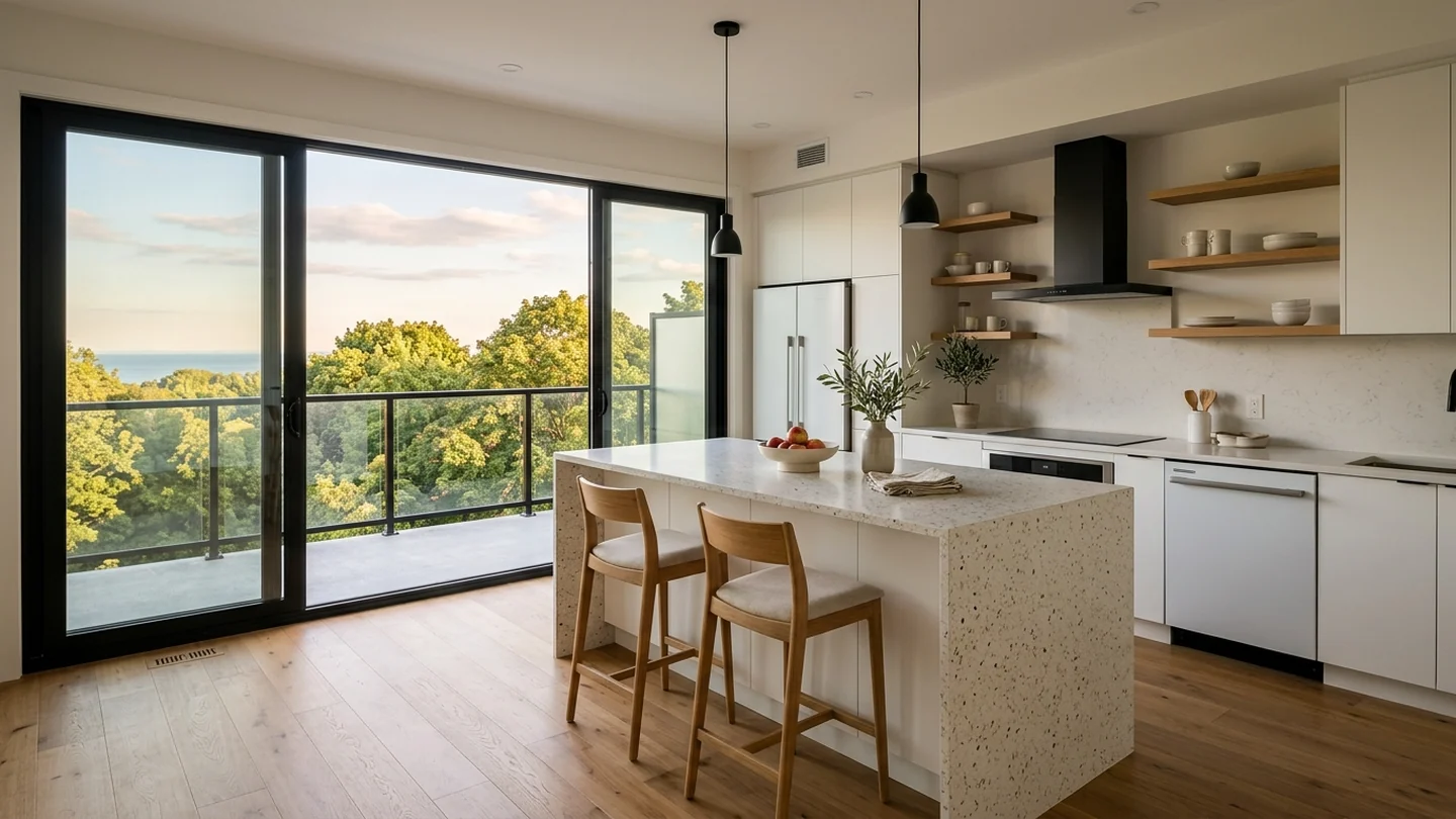 Modern Etobicoke kitchen with treetops and a subtle Lake Ontario view