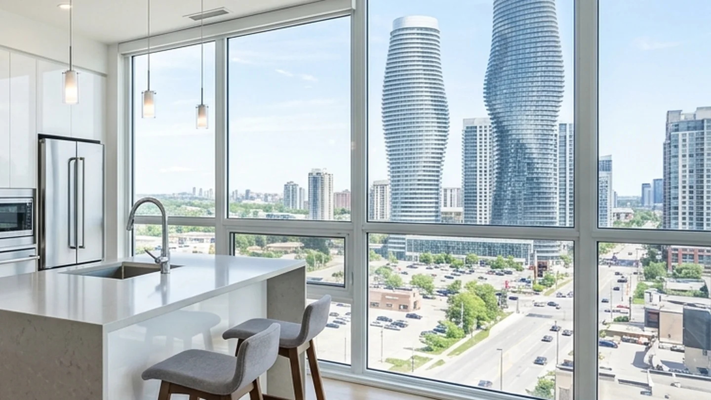 Mississauga condo kitchen with curving residential towers visible outside