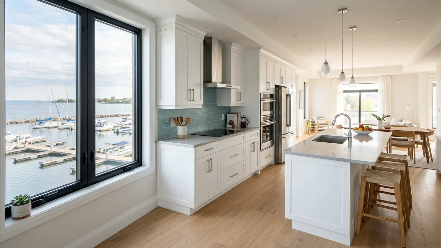 Pickering kitchen with subtle Lake Ontario and marina views