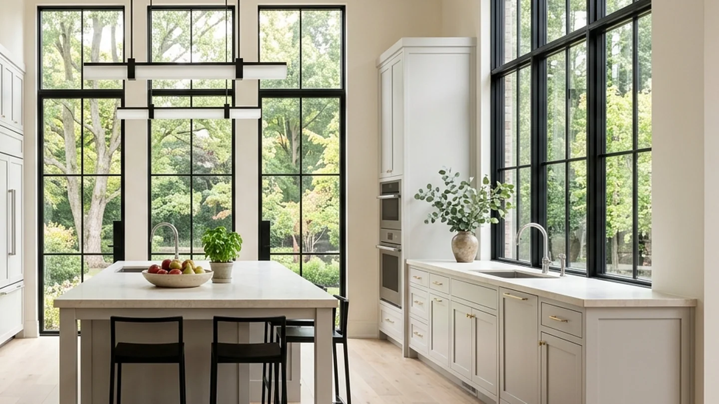 Refined Richmond Hill kitchen with tall windows overlooking mature trees