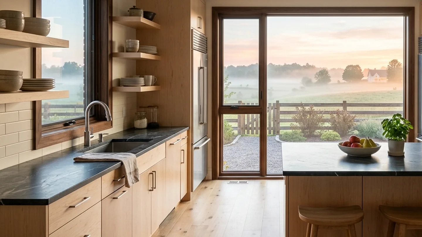Stouffville kitchen overlooking a backyard and open fields in morning light