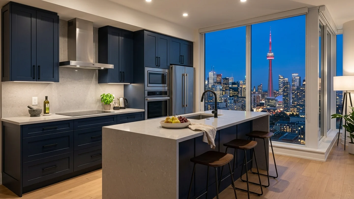 Toronto condo kitchen at blue hour with the CN Tower visible in the skyline