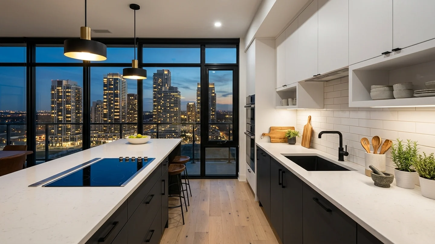 Modern Vaughan townhouse kitchen with newer residential buildings outside at dusk
