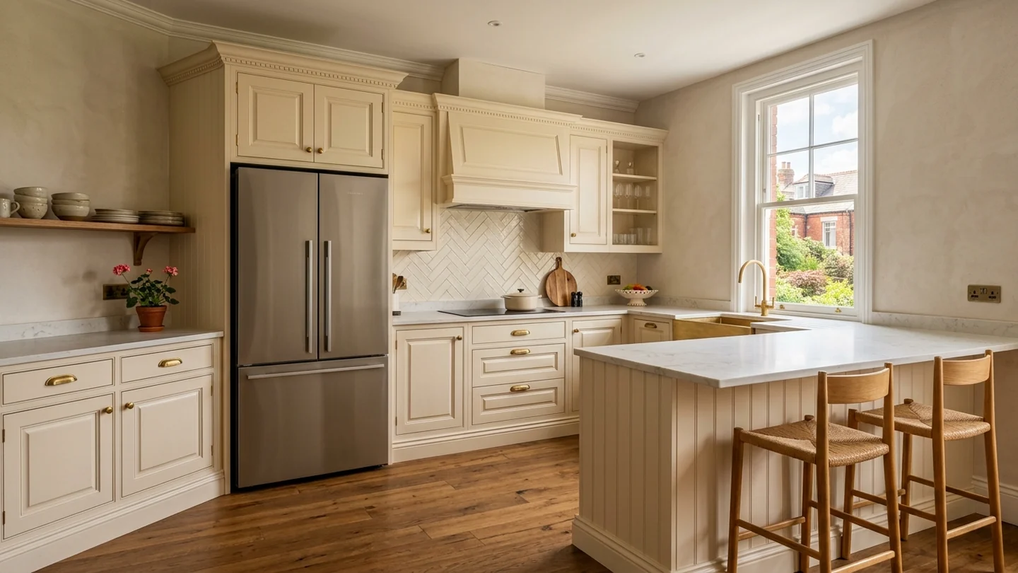 Renovated Whitby kitchen with mature trees and brick homes outside