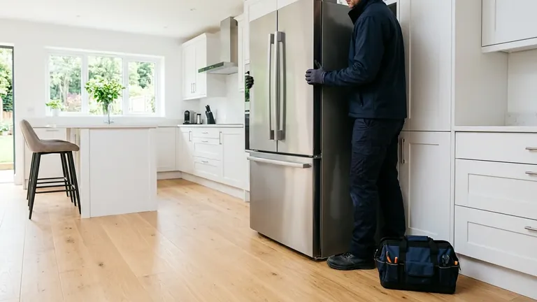 Technician guiding a stainless refrigerator into fitted kitchen cabinetry