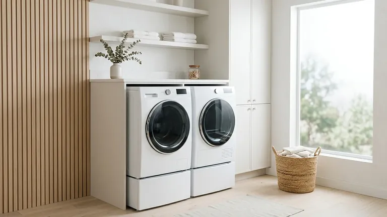 Bright Scandinavian-inspired laundry room with white front-load machines
