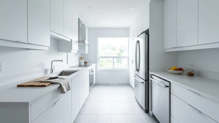 Bright galley kitchen with a stainless bottom-freezer refrigerator and dishwasher