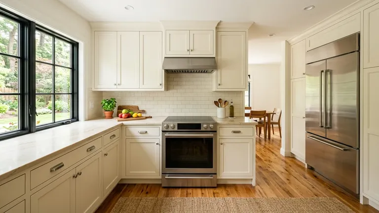 Classic modern kitchen centered on a stainless smooth-top electric range