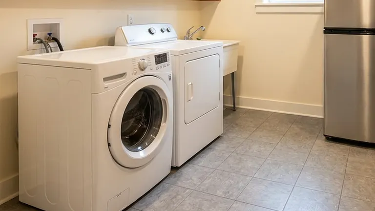Practical basement utility room with laundry appliances and a top-freezer refrigerator