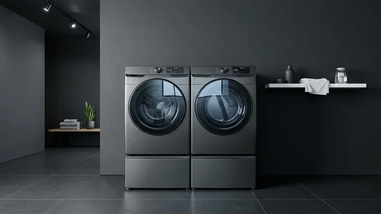 Sleek graphite front-load laundry pair in a modern dark laundry room