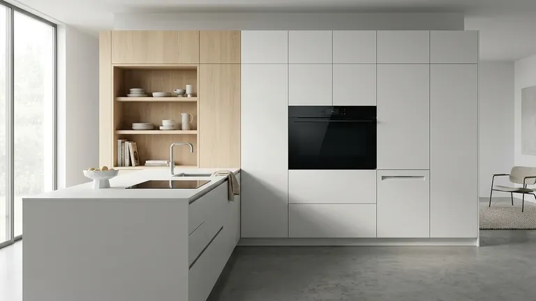 Minimal high-end European kitchen with integrated dishwasher and built-in electric oven