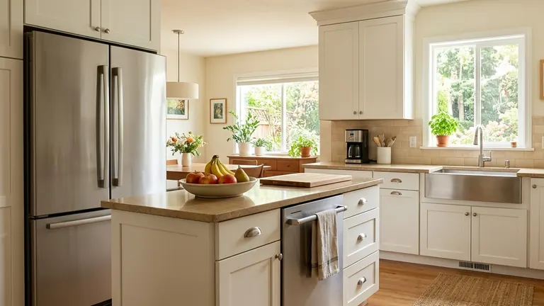 Mainstream family kitchen with stainless refrigerator and dishwasher