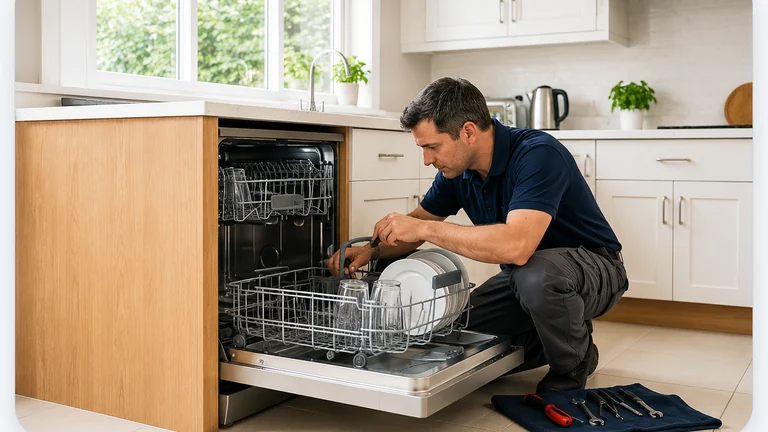 Dishwasher Repair - Appliance Repair GTA Dishwasher repair technician inspecting an open dishwasher in a bright residential kitchen