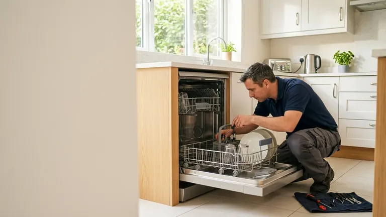 Open dishwasher being inspected in a bright residential kitchen