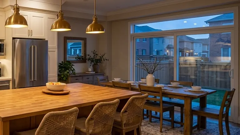 Brampton family kitchen with a detached-home neighbourhood visible at dusk