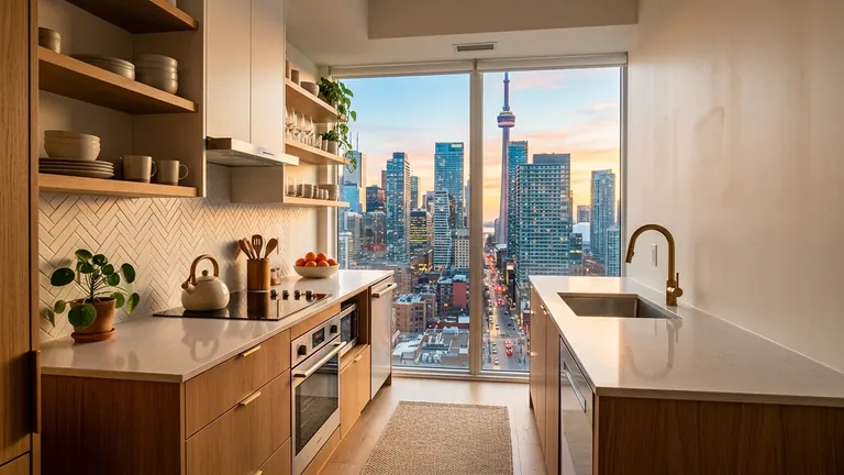 Compact downtown Toronto condo kitchen with neighbouring towers outside