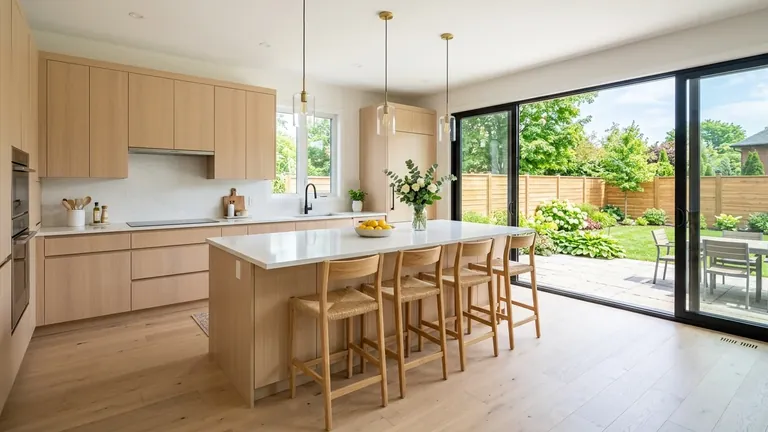 Bright East Gwillimbury new-build kitchen opening to a landscaped backyard