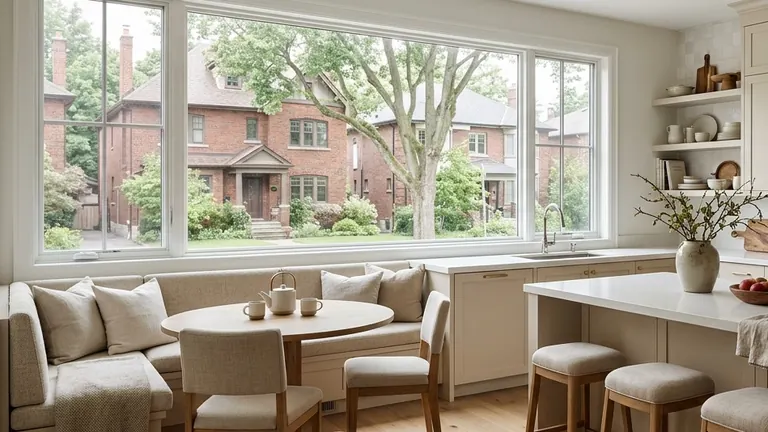 Newmarket family kitchen with mature trees and established brick buildings outside