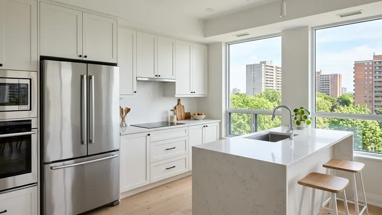 Bright North York condo kitchen with treetops and residential towers outside