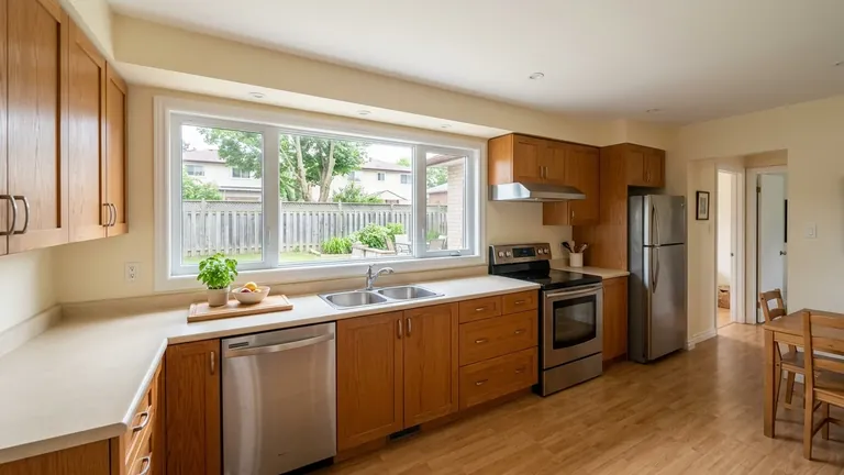 Practical renovated Oshawa bungalow kitchen with a modest backyard view