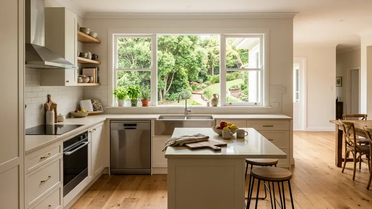 Scarborough family kitchen overlooking mature backyard greenery