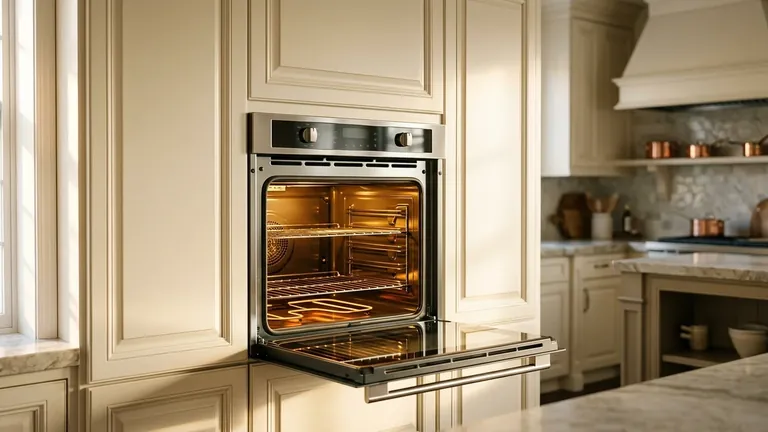 Open built-in electric wall oven with warm interior light