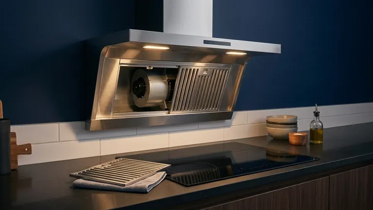 Stainless range hood with a removed baffle filter above an electric cooktop