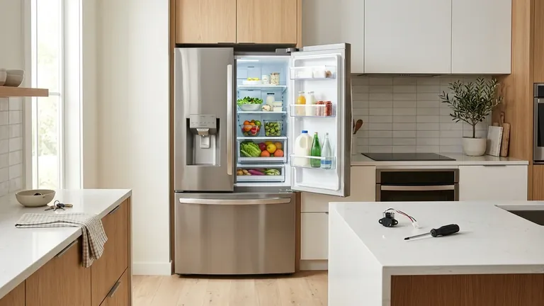 Open stainless refrigerator in a contemporary kitchen during electrical diagnosis