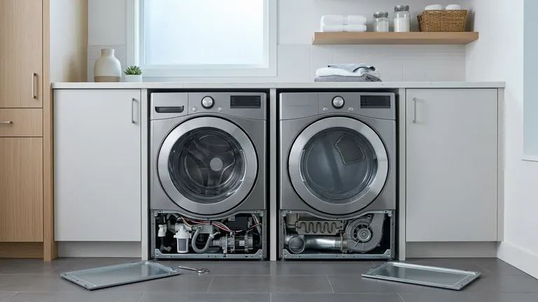Side-by-side front-load washer and electric dryer in a modern laundry room