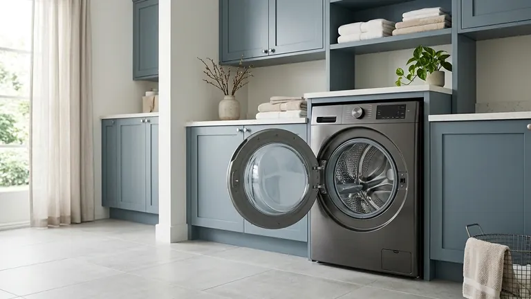 Front-load washer in a clean modern laundry room