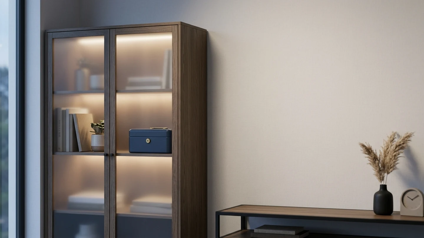 Closed lockbox behind frosted glass in a quiet home interior