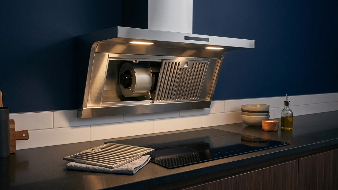Stainless range hood with a removed baffle filter above an electric cooktop